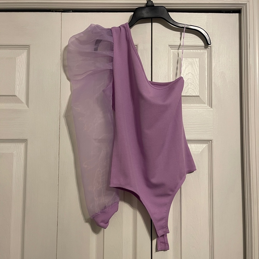 Purple Bodysuit with one sheer sleeve